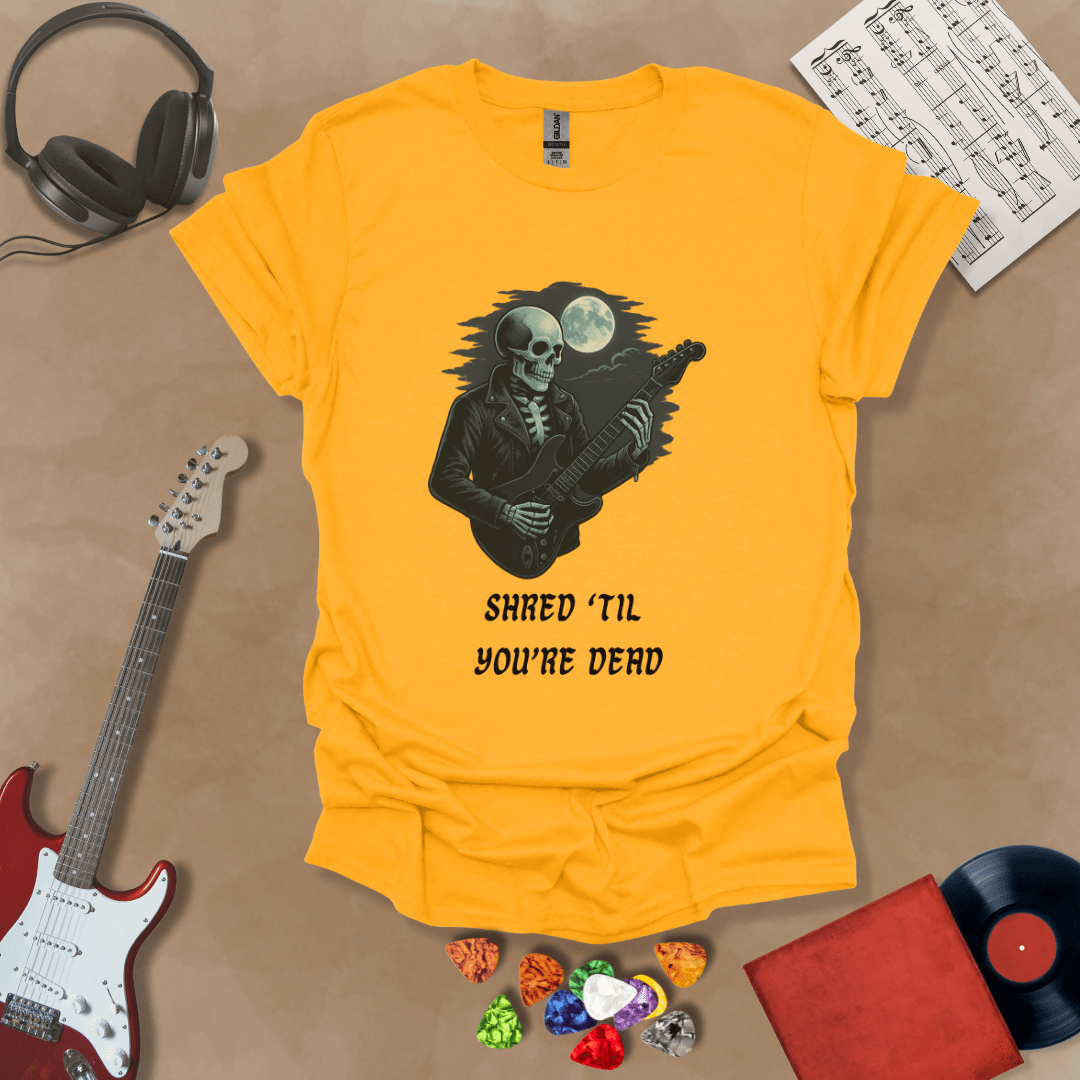 Yellow  t-shirt with Skeleton guitarist with moonlight, text 'Shred Til You're Dead'