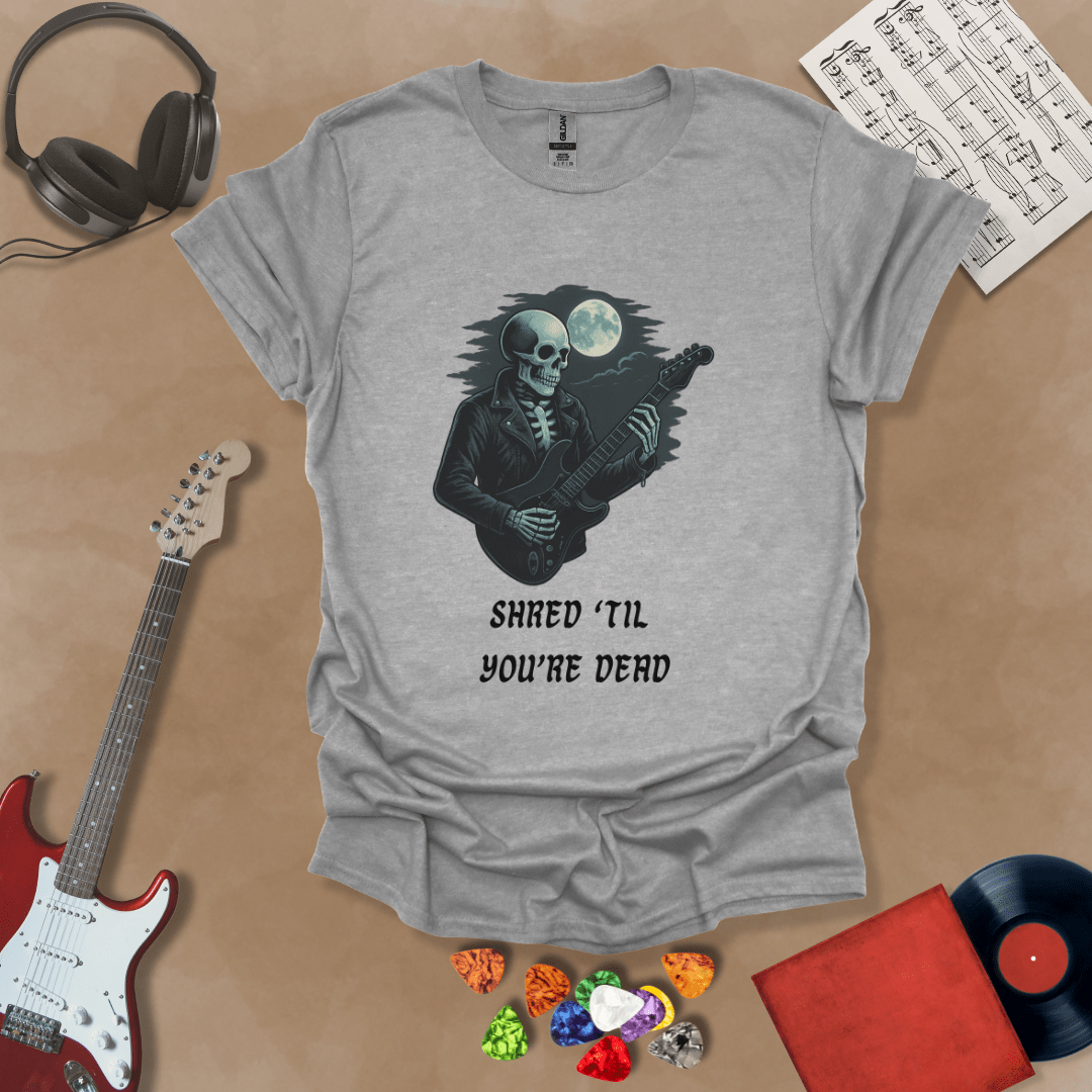 Gray t-shirt with Skeleton guitarist with moonlight, text 'Shred Til You're Dead'