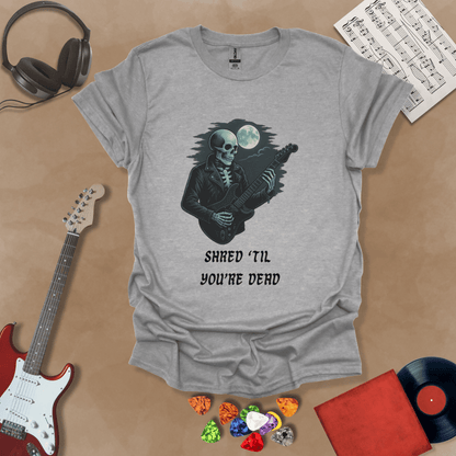 Gray t-shirt with Skeleton guitarist with moonlight, text 'Shred Til You're Dead'