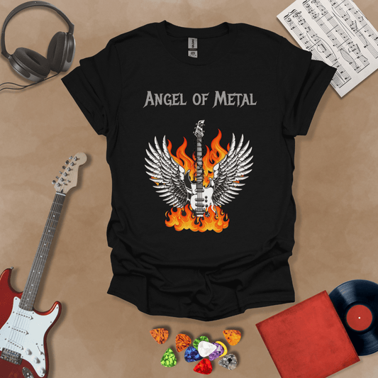 Black t-shirt with Flaming guitar with angel wings, text 'Angel of Metal'