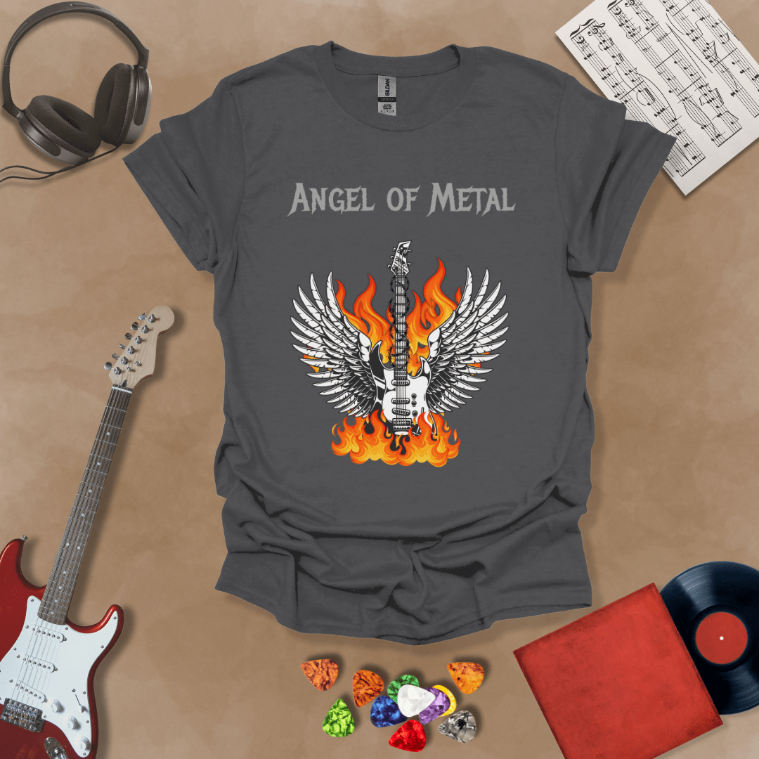 Gray t-shirt with Flaming guitar with angel wings, text 'Angel of Metal'