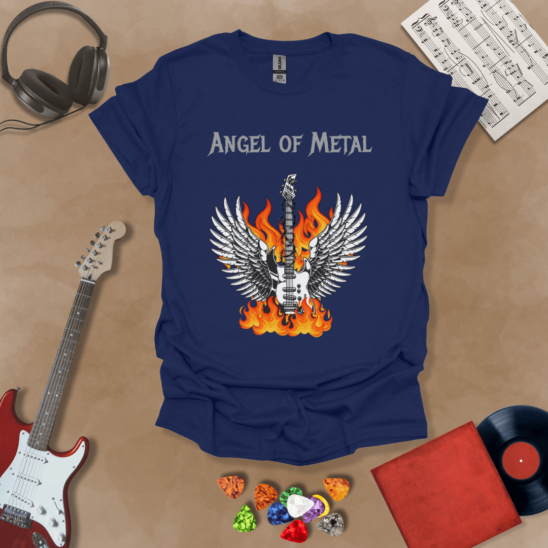 Blue t-shirt with Flaming guitar with angel wings, text 'Angel of Metal'