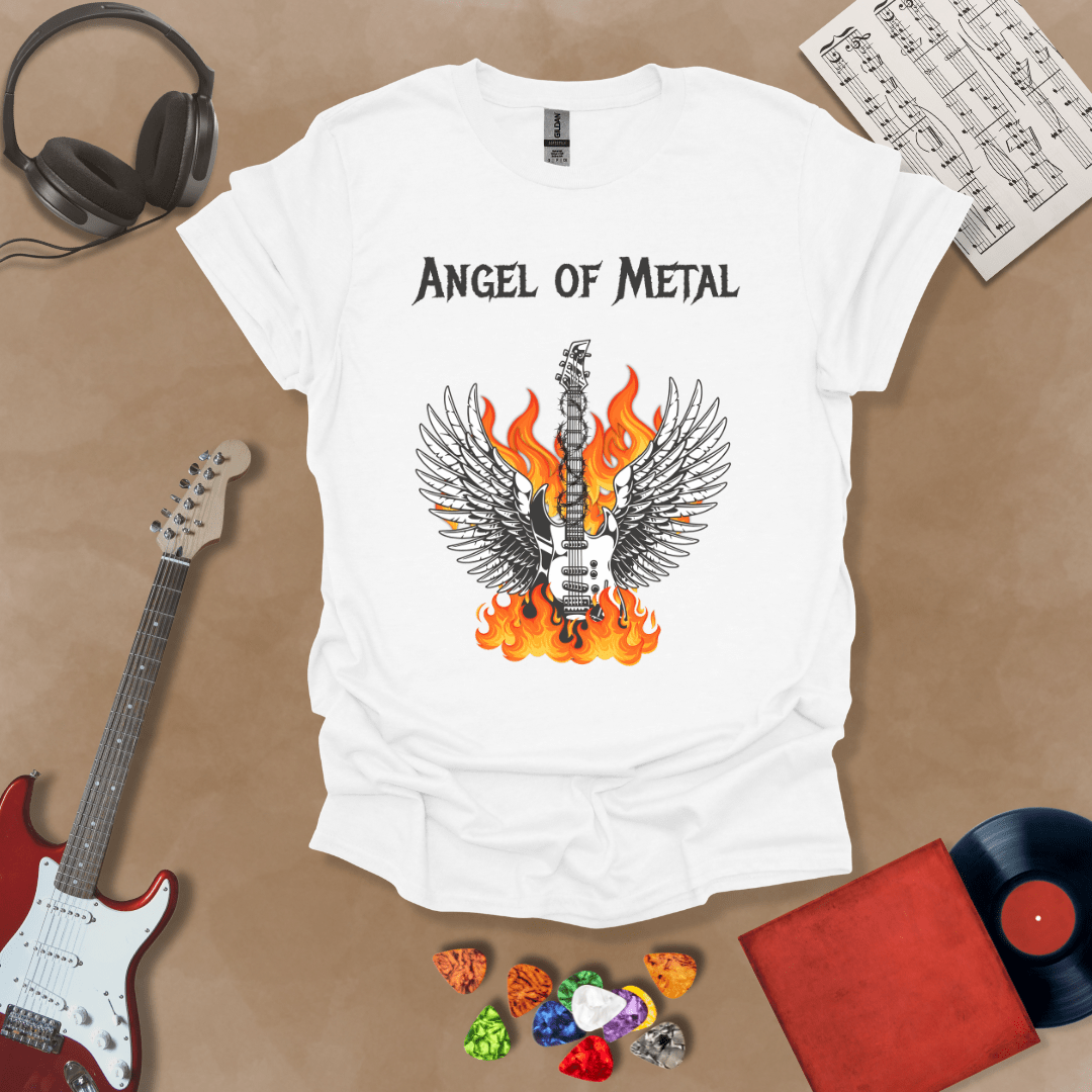 White t-shirt with Flaming guitar with angel wings, text 'Angel of Metal'