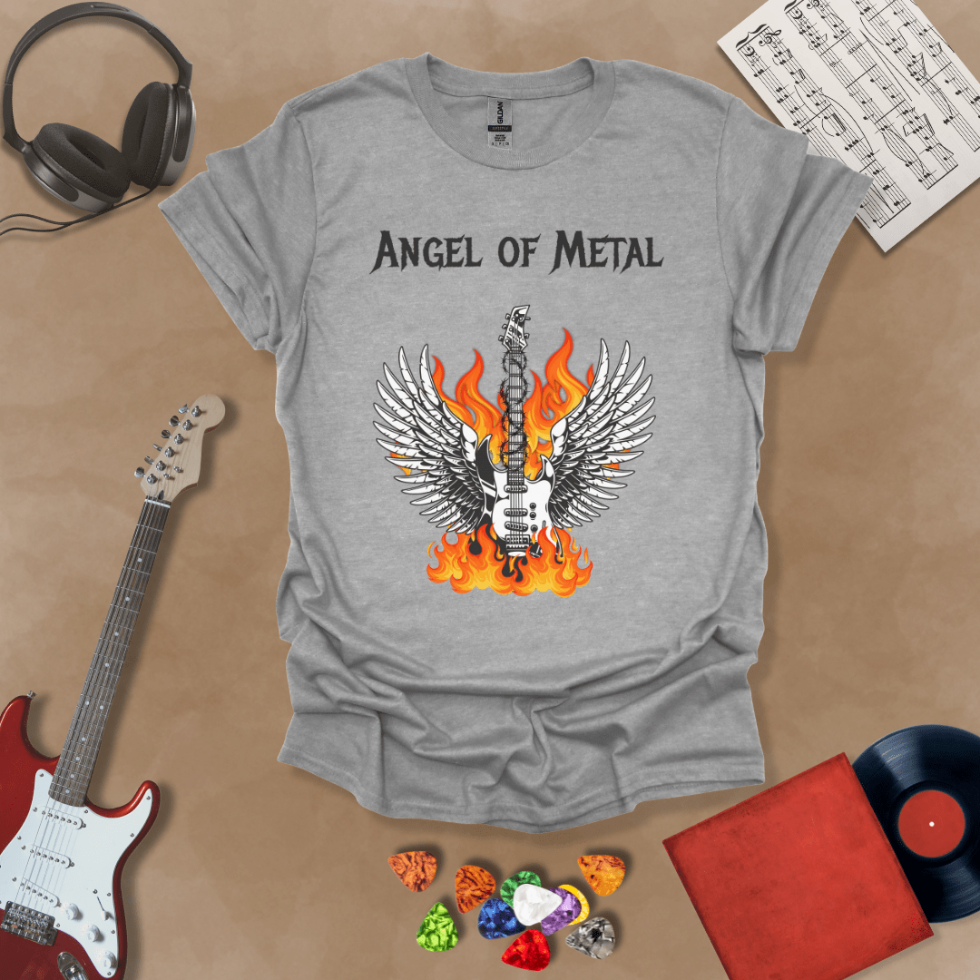 Gray t-shirt with Flaming guitar with angel wings, text 'Angel of Metal'
