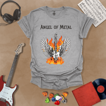 Gray t-shirt with Flaming guitar with angel wings, text 'Angel of Metal'