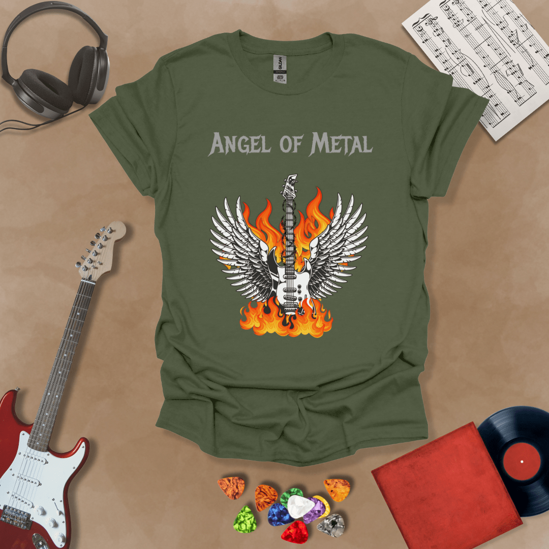 Green t-shirt with Flaming guitar with angel wings, text 'Angel of Metal'