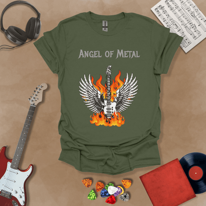 Green t-shirt with Flaming guitar with angel wings, text 'Angel of Metal'