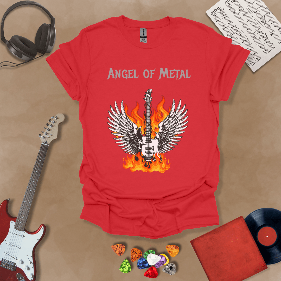 red t-shirt with Flaming guitar with angel wings, text 'Angel of Metal'