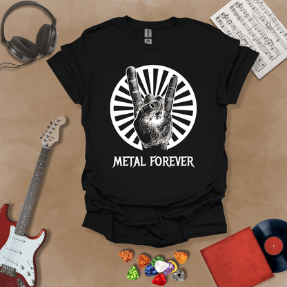 Black t-shirt with Hand showing rock horns sign with rays, text 'Metal Forever'