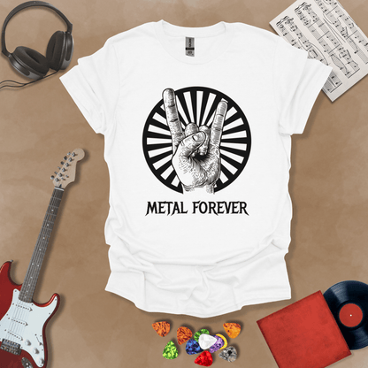 White t-shirt with Hand showing rock horns sign with rays, text 'Metal Forever'
