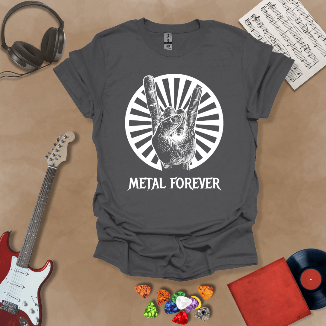 Gray t-shirt with Hand showing rock horns sign with rays, text 'Metal Forever'