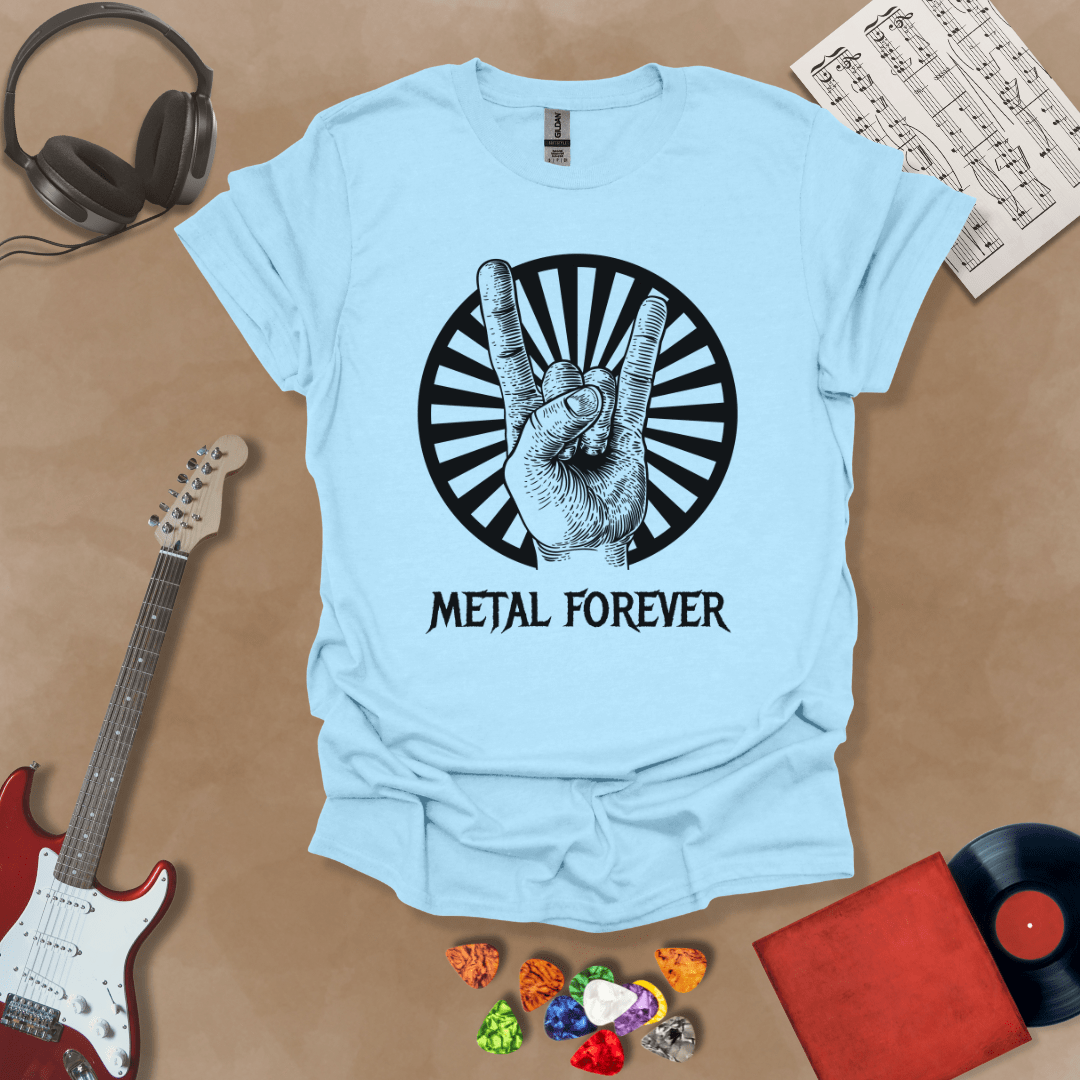 Light blue t-shirt with Hand showing rock horns sign with rays, text 'Metal Forever'