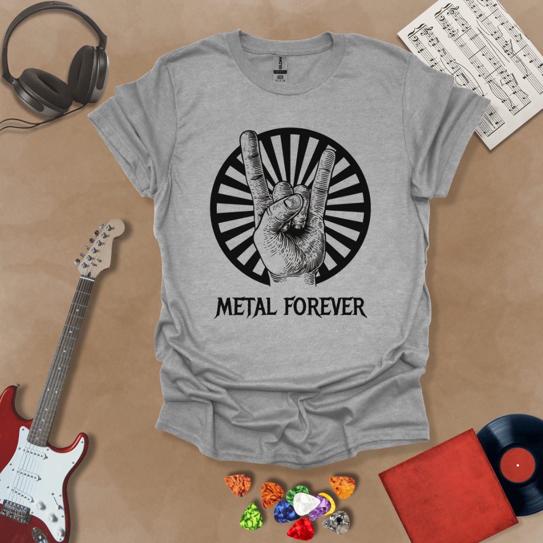 Gray  t-shirt with Hand showing rock horns sign with rays, text 'Metal Forever'