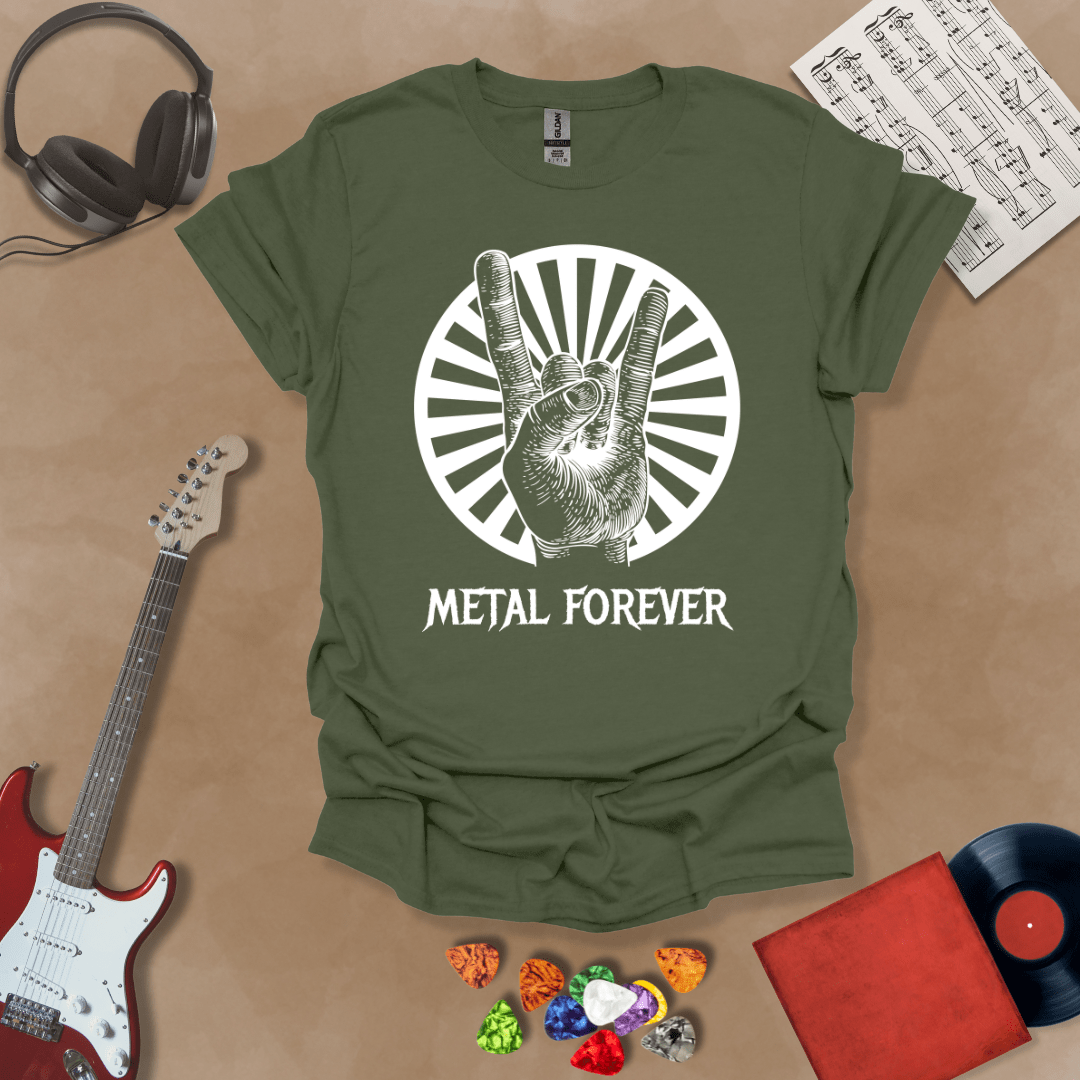 Green t-shirt with Hand showing rock horns sign with rays, text 'Metal Forever'