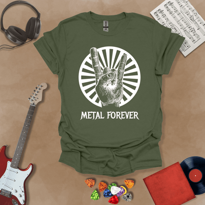 Green t-shirt with Hand showing rock horns sign with rays, text 'Metal Forever'