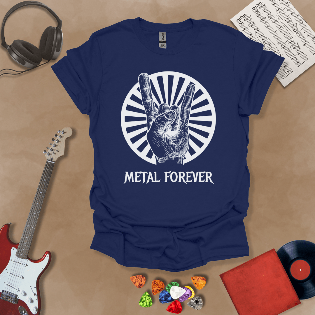 Blue t-shirt with Hand showing rock horns sign with rays, text 'Metal Forever'