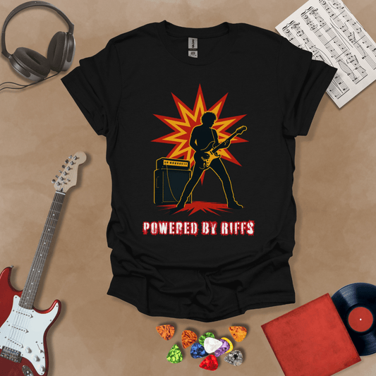 Black t-shirt with Guitarist silhouette with amp and burst, text 'Powered by Riffs'