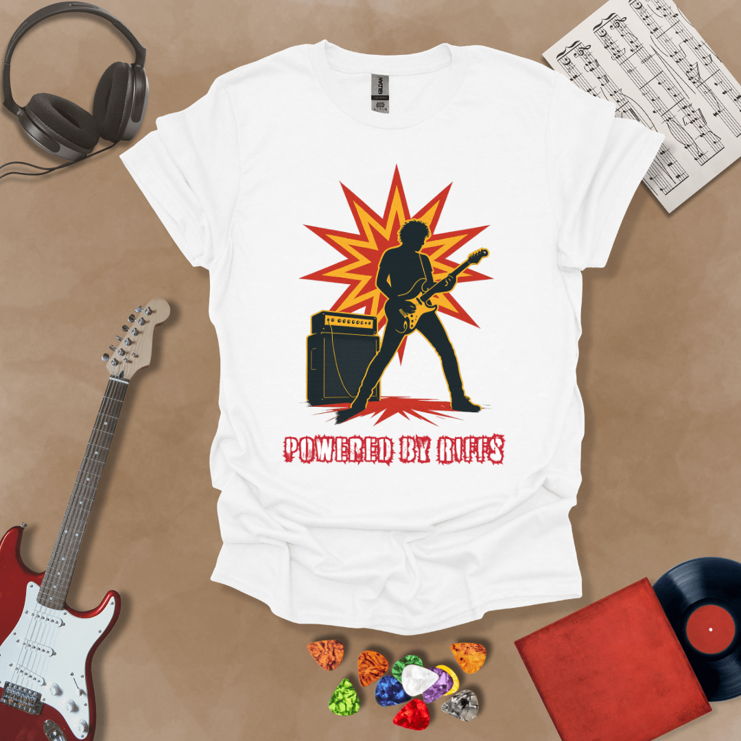 White t-shirt with Guitarist silhouette with amp and burst, text 'Powered by Riffs'