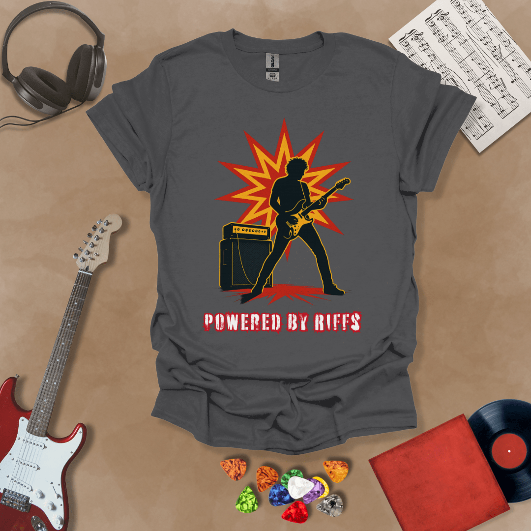 Gray t-shirt with Guitarist silhouette with amp and burst, text 'Powered by Riffs'