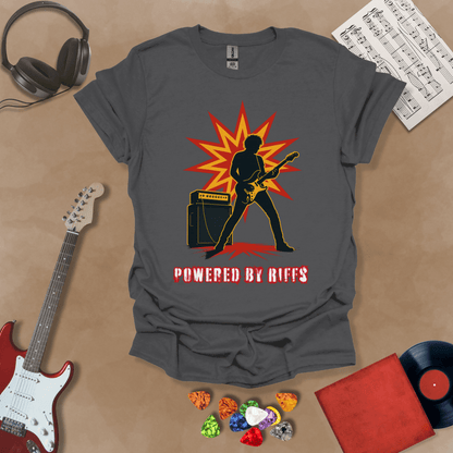 Gray t-shirt with Guitarist silhouette with amp and burst, text 'Powered by Riffs'