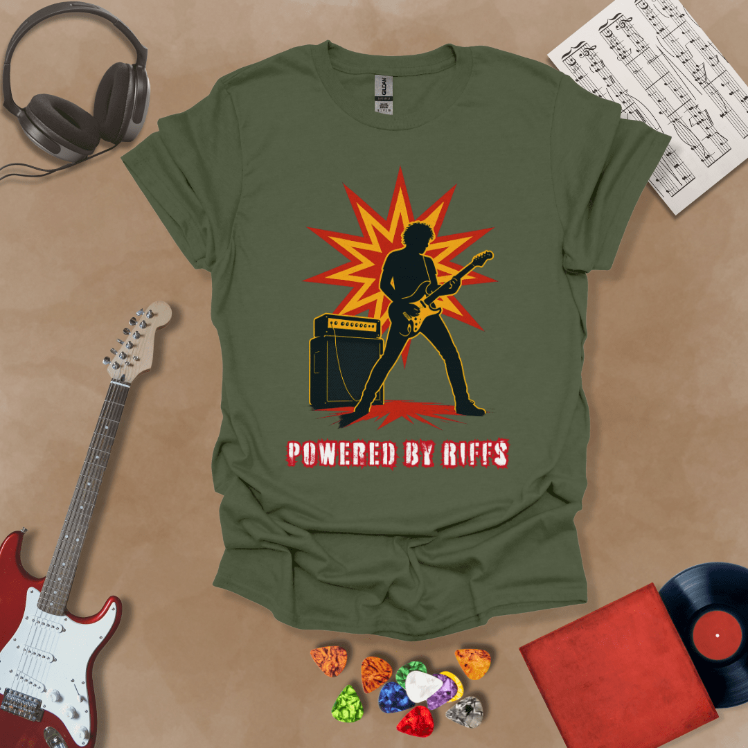 Green t-shirt with Guitarist silhouette with amp and burst, text 'Powered by Riffs'