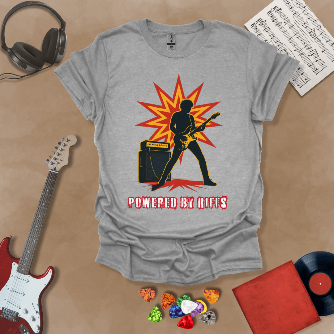 Gray t-shirt with Guitarist silhouette with amp and burst, text 'Powered by Riffs'