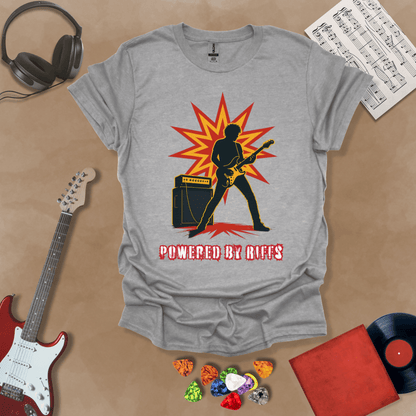 Gray t-shirt with Guitarist silhouette with amp and burst, text 'Powered by Riffs'