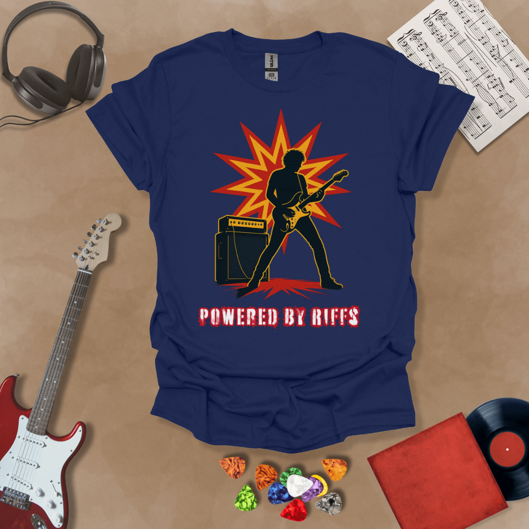 Blue  t-shirt with Guitarist silhouette with amp and burst, text 'Powered by Riffs'