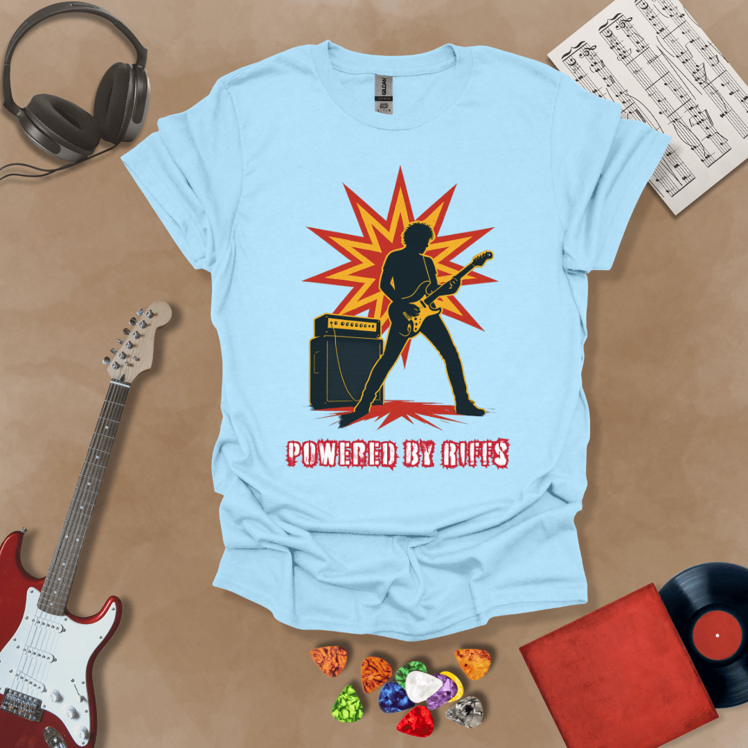 Light Blue t-shirt with Guitarist silhouette with amp and burst, text 'Powered by Riffs'
