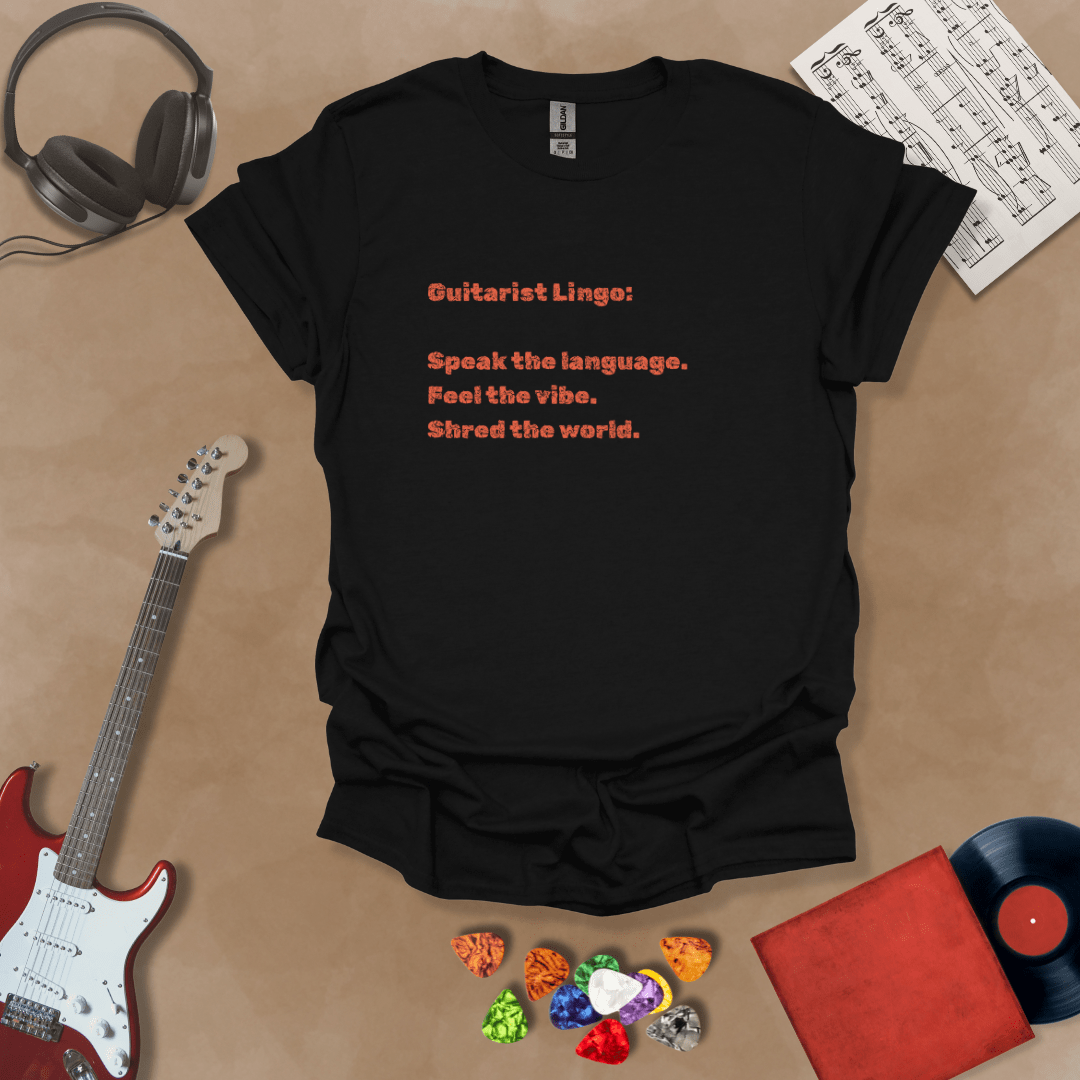 Black t-shirt with 'Guitar Lingo' text in orange font