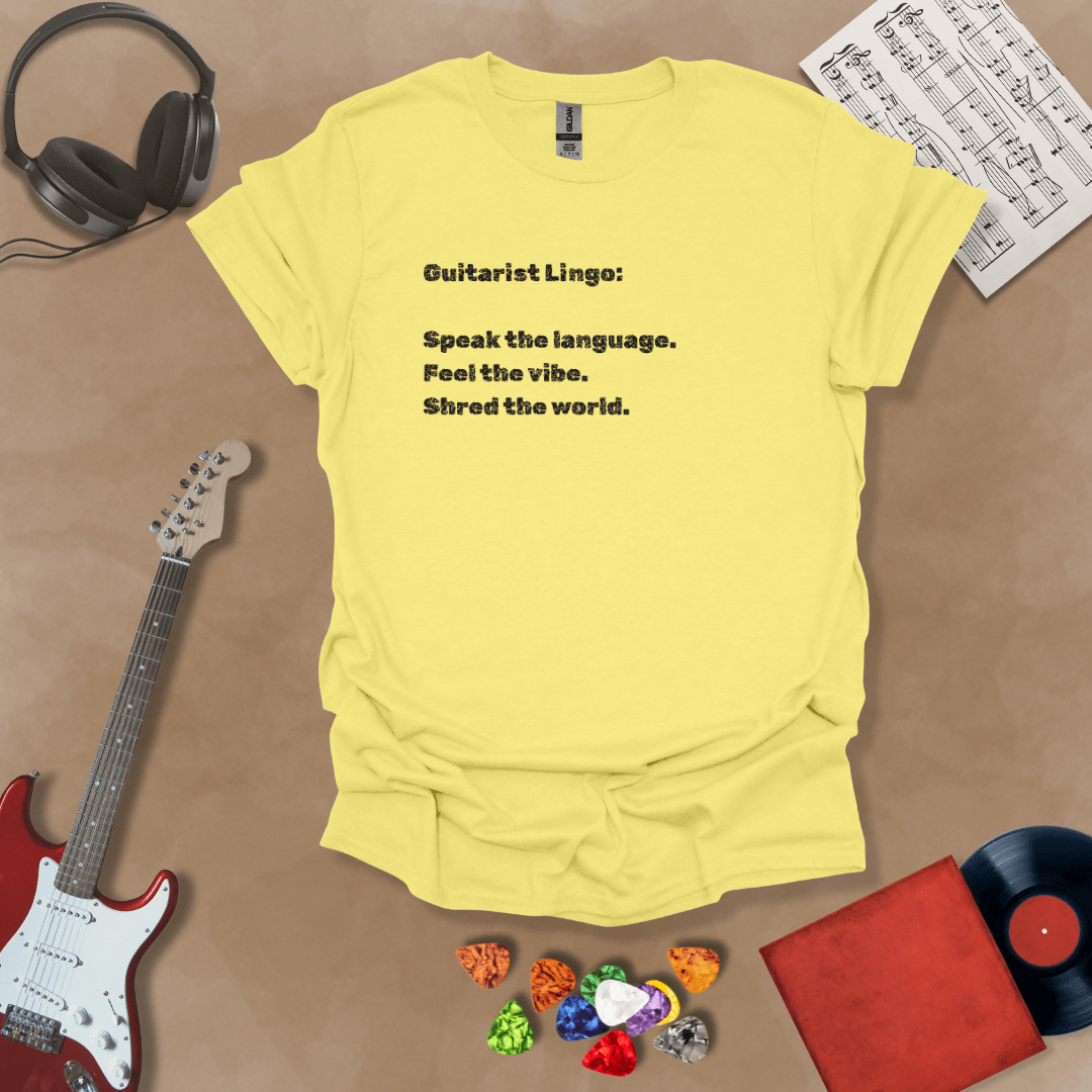 Yellow t-shirt with 'Guitar Lingo' text in black font