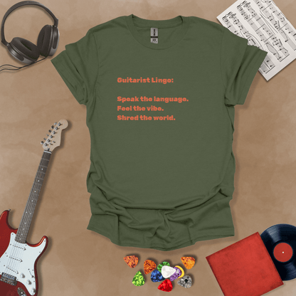 Green t-shirt with 'Guitar Lingo' text in orange font