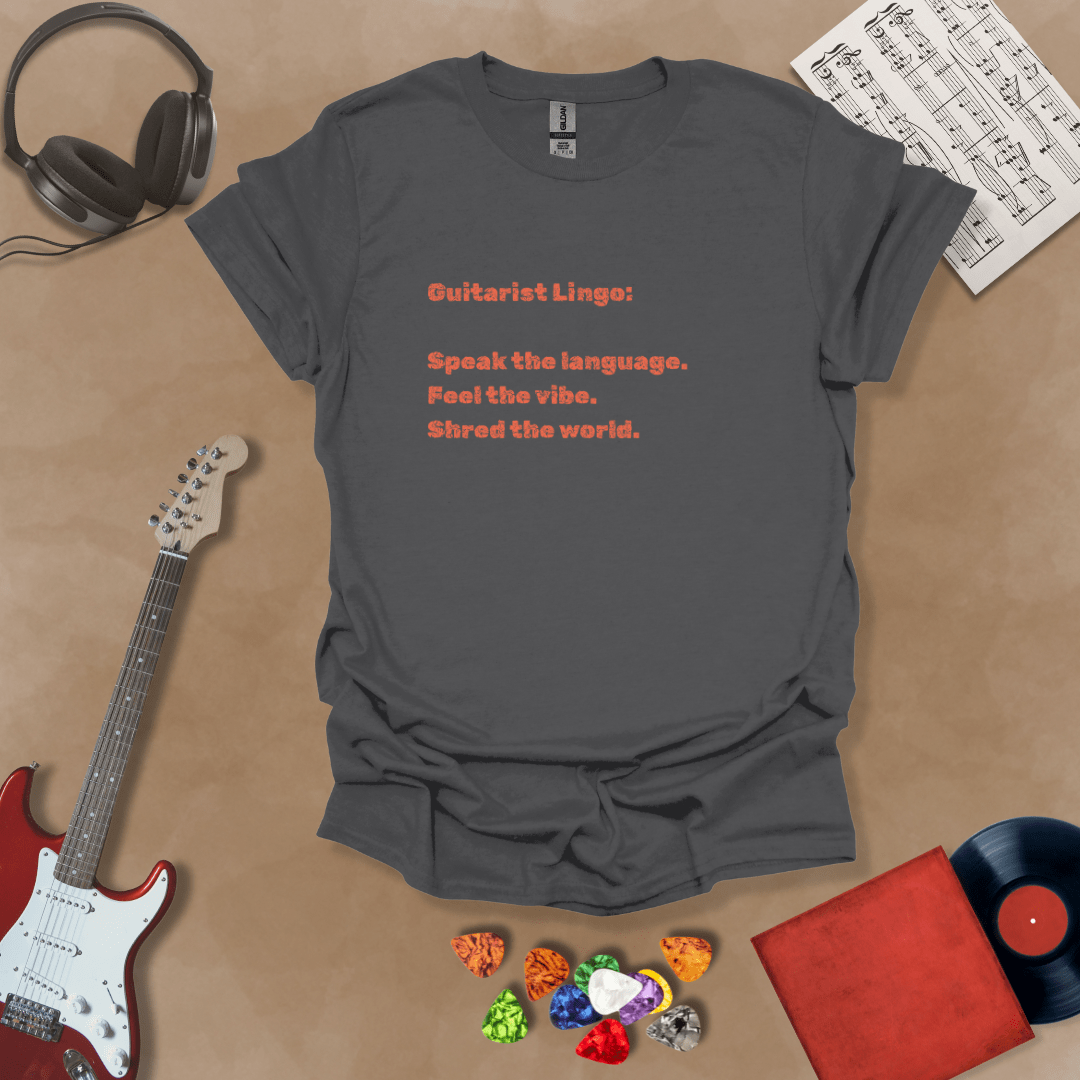 Gray t-shirt with 'Guitar Lingo' text in orange font