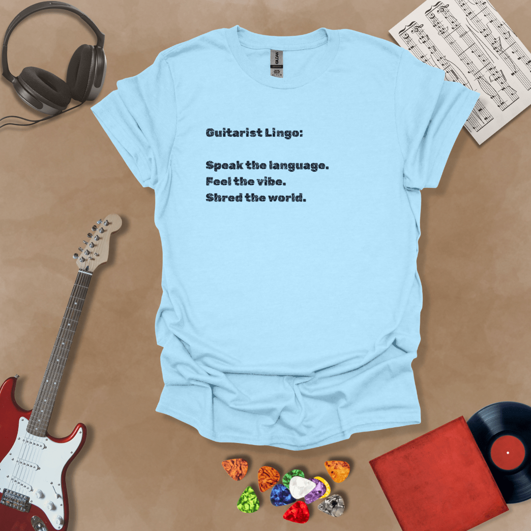 Light blue t-shirt with 'Guitar Lingo' text in black font