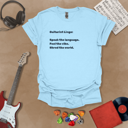 Light blue t-shirt with 'Guitar Lingo' text in black font