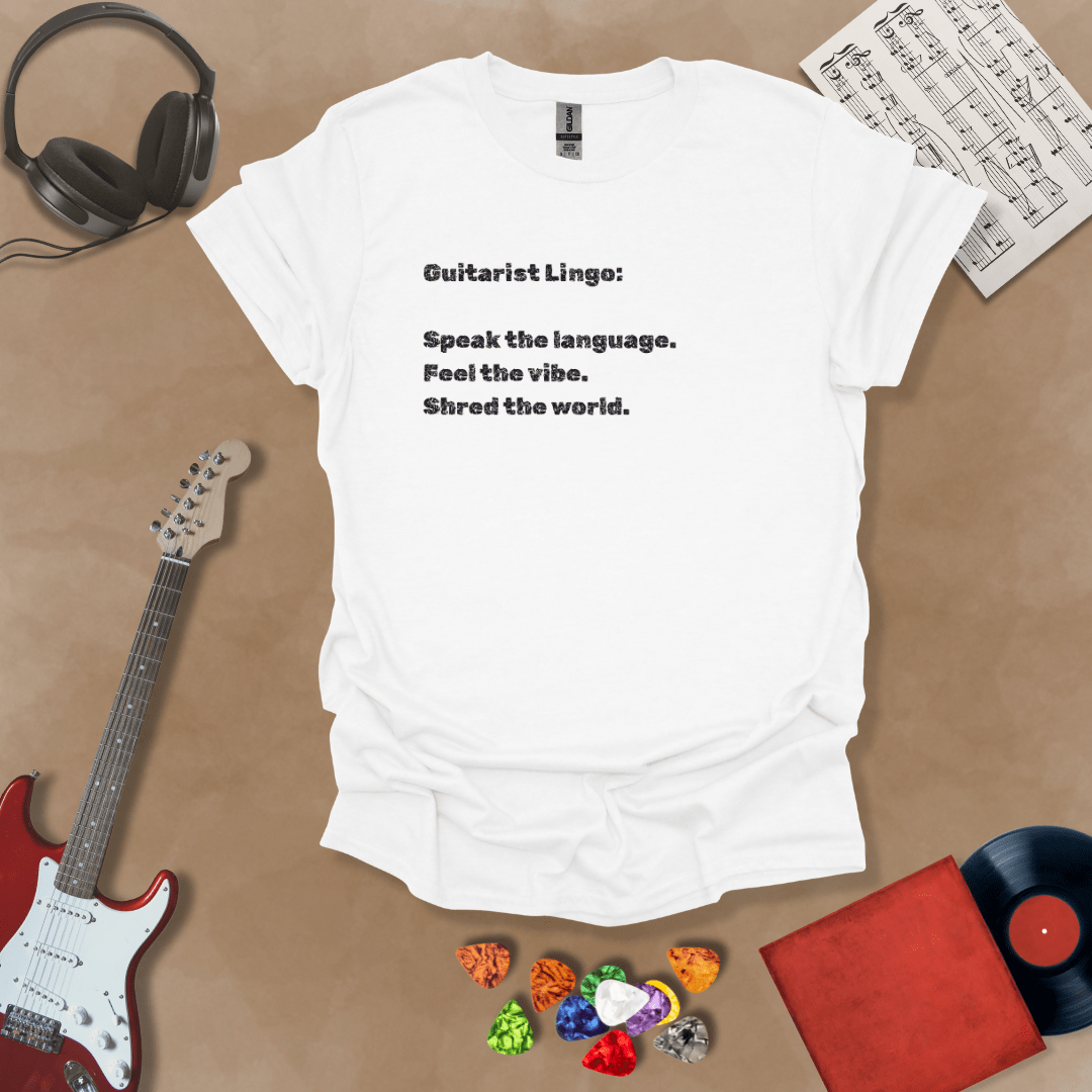 White t-shirt with 'Guitar Lingo' text in black font