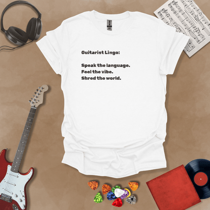 White t-shirt with 'Guitar Lingo' text in black font