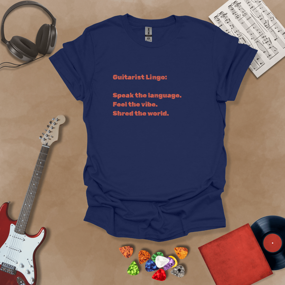 Blue t-shirt with 'Guitar Lingo' text in orange font