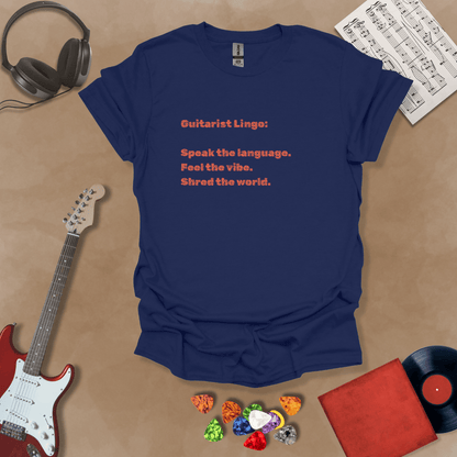 Blue t-shirt with 'Guitar Lingo' text in orange font