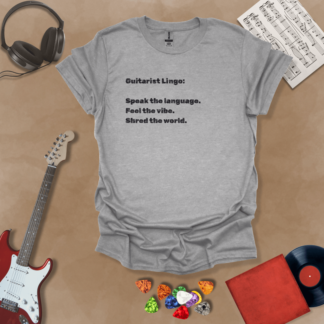 Gray t-shirt with 'Guitar Lingo' text in black font