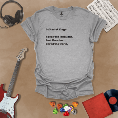 Gray t-shirt with 'Guitar Lingo' text in black font
