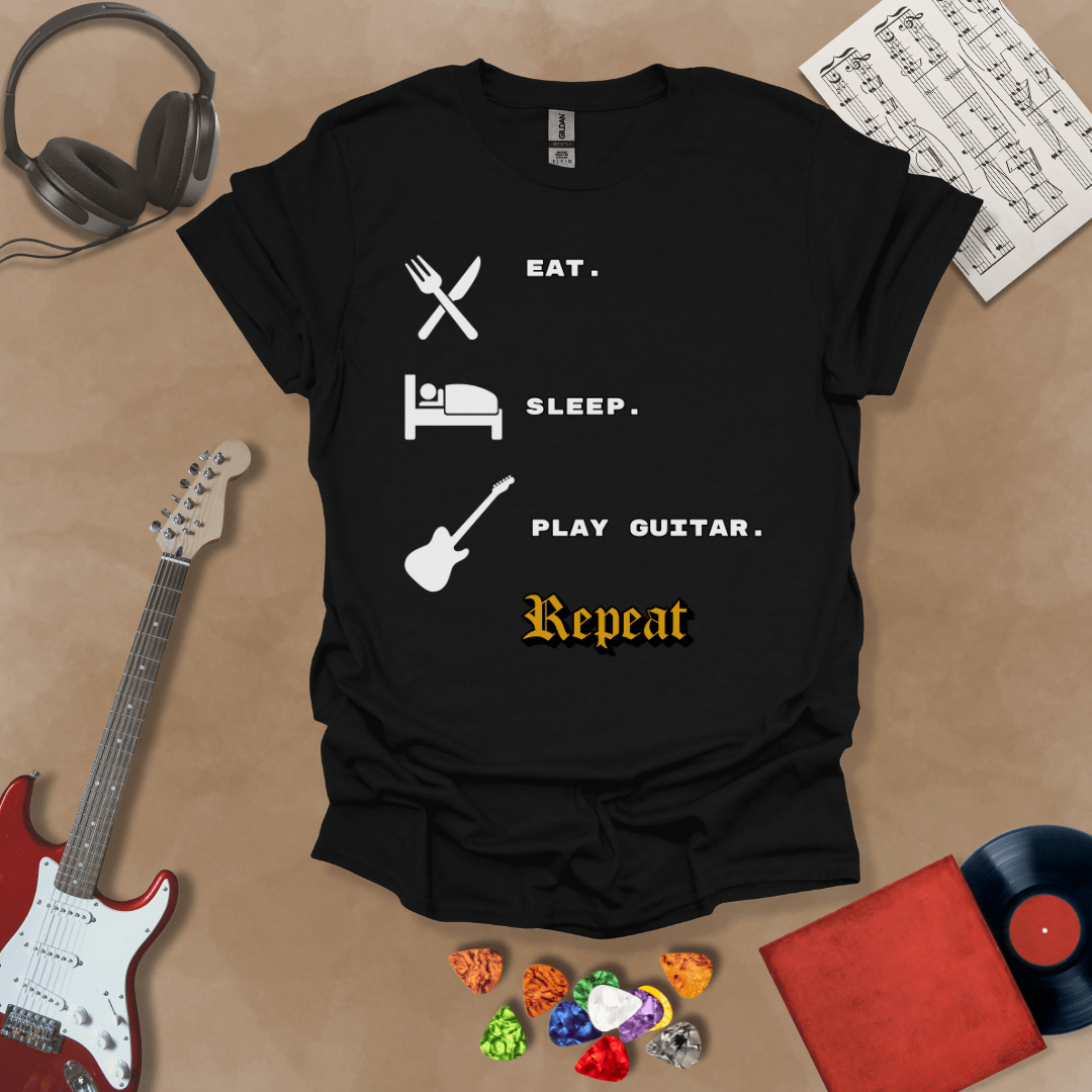 Black t-shirt with 'Eat. Sleep. Play Guitar. Repeat.' text and graphics 