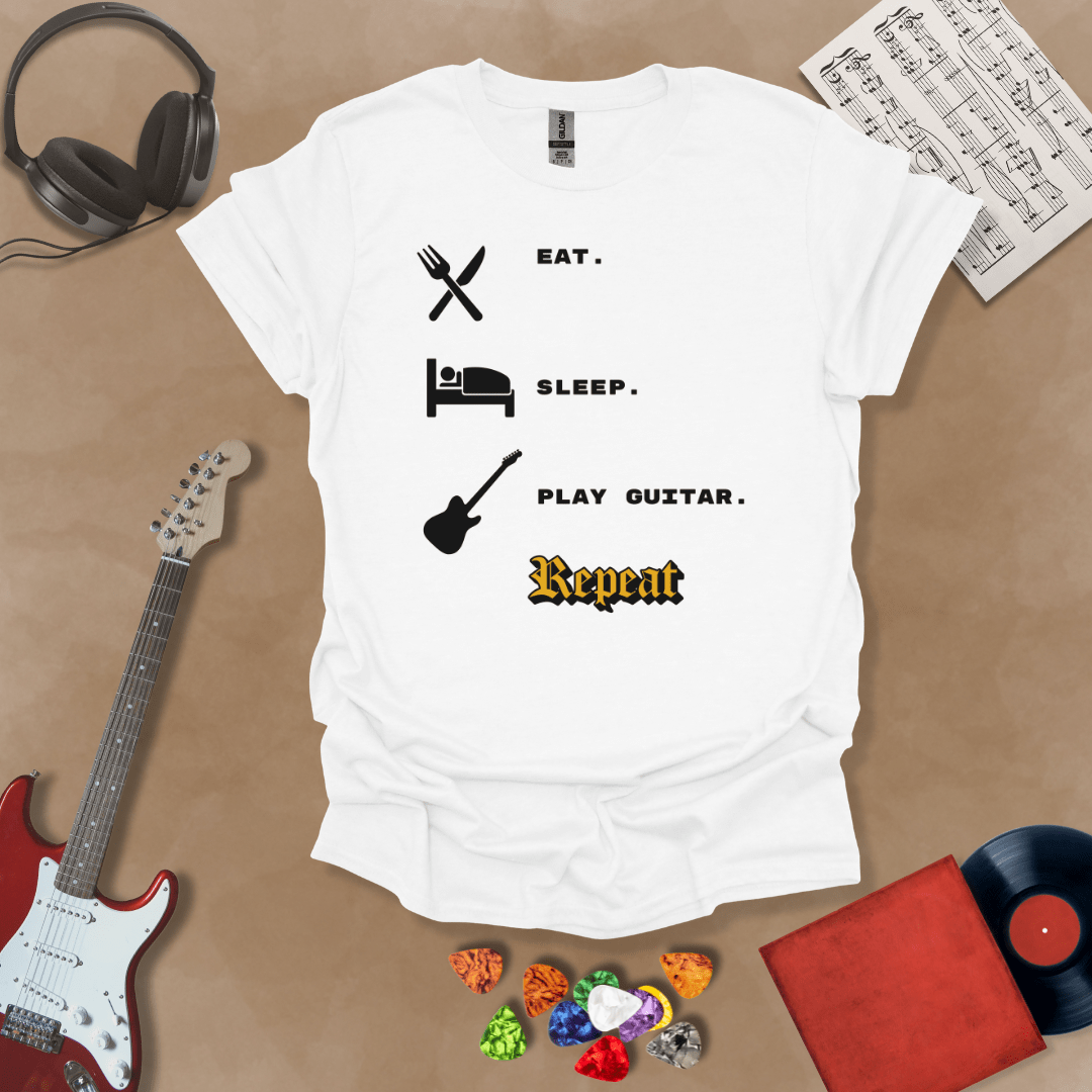 White t-shirt with 'Eat. Sleep. Play Guitar. Repeat.' text and graphics 