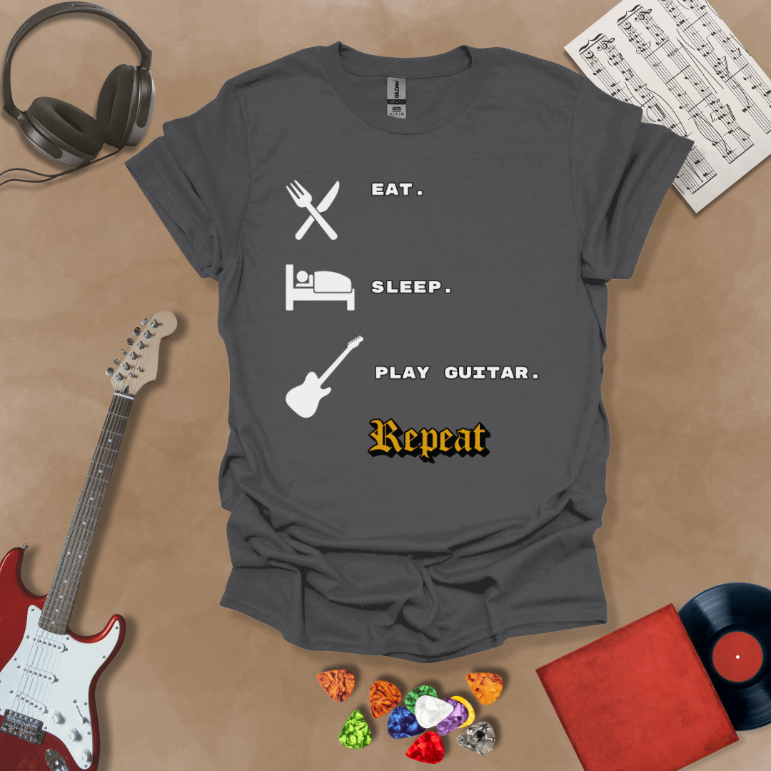 Gray t-shirt with 'Eat. Sleep. Play Guitar. Repeat.' text and graphics 