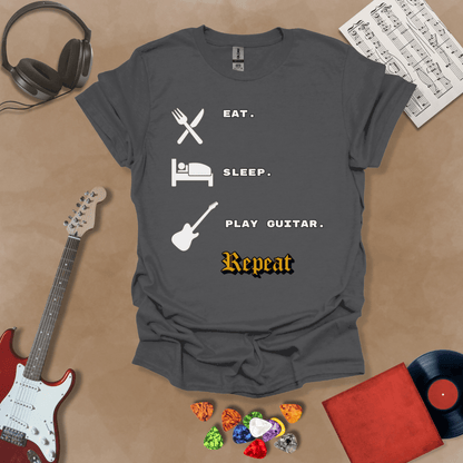 Gray t-shirt with 'Eat. Sleep. Play Guitar. Repeat.' text and graphics 
