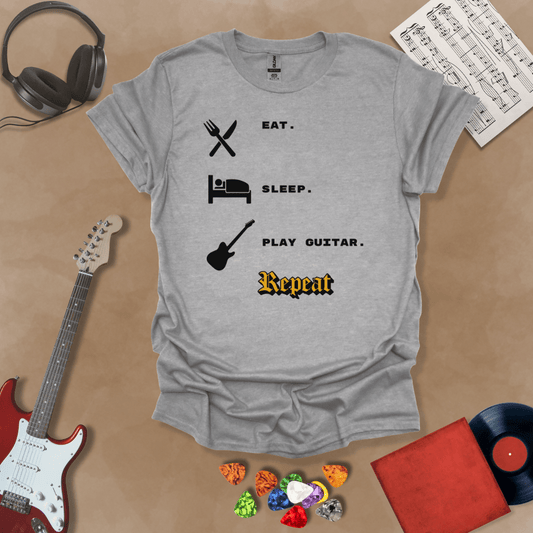 Gray t-shirt with 'Eat. Sleep. Play Guitar. Repeat.' text and graphics 