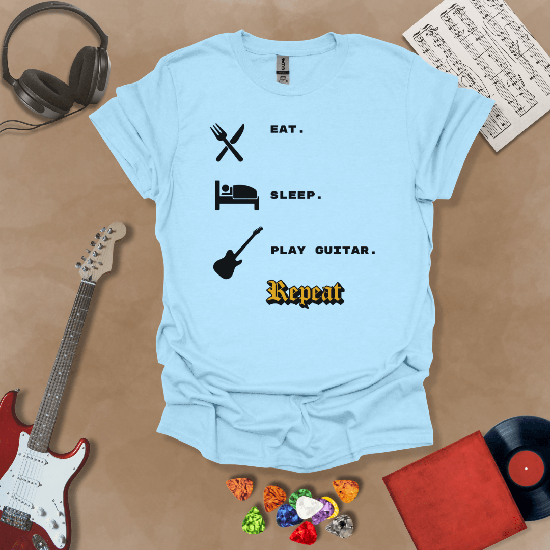 Light blue t-shirt with 'Eat. Sleep. Play Guitar. Repeat.' text and graphics 