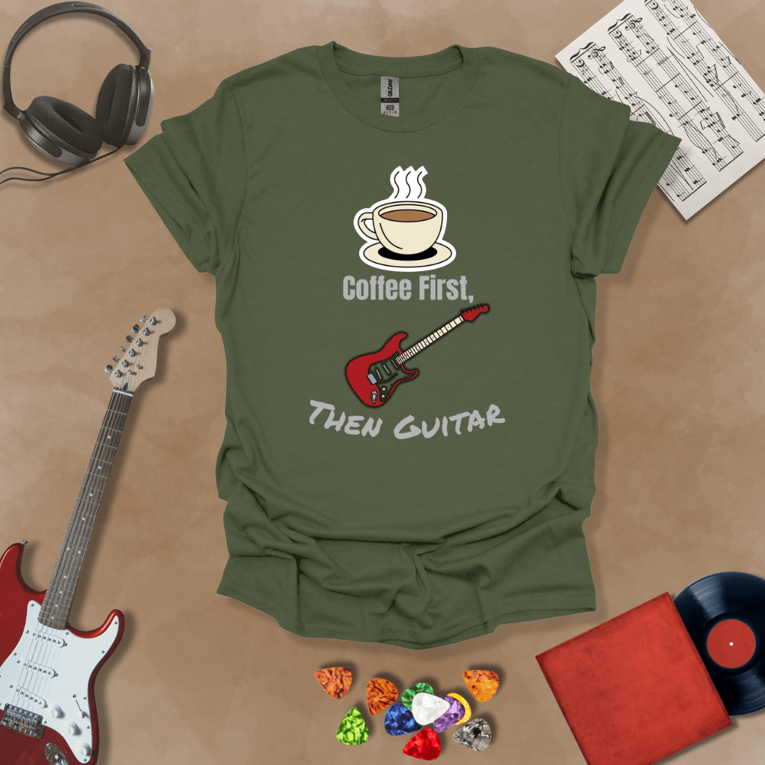 Green T-shirt design with steaming coffee cup illustration transforming into guitar strings, text “Coffee First, Then Guitar.”