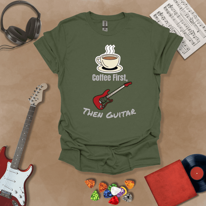 Green T-shirt design with steaming coffee cup illustration transforming into guitar strings, text “Coffee First, Then Guitar.”
