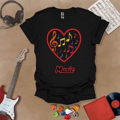 Black t-shirt with red heart outline filled with colorful music notes and treble clef, “Music” text below.
